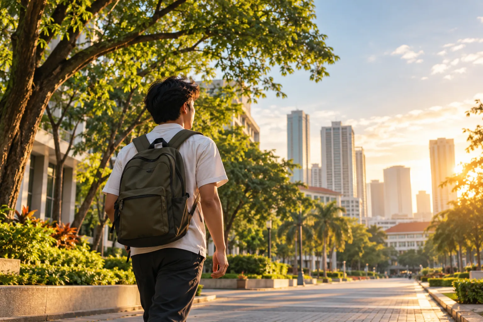 A student with a backpack walking into a sunlit campus street